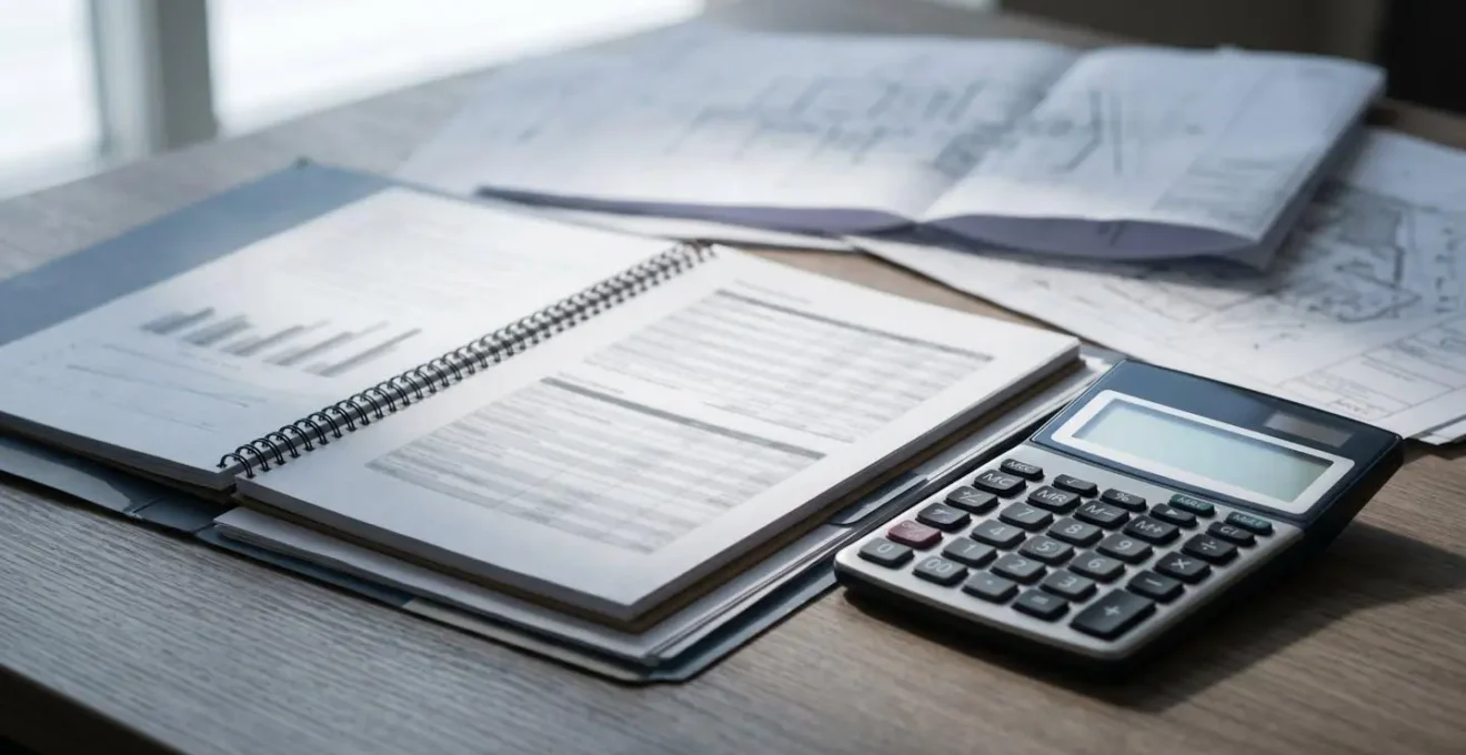 Property investment financial documentation and calculator showing mortgage comparison analysis