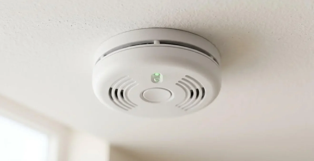 Interlinked fire safety alarm system mounted on residential ceiling showing professional safety compliance