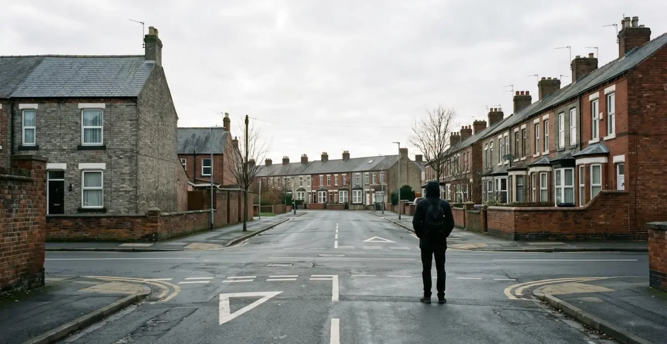 Wide environmental photograph showing a solitary figure standing at a literal or metaphorical crossroads in an English urban setting with ample negative space
