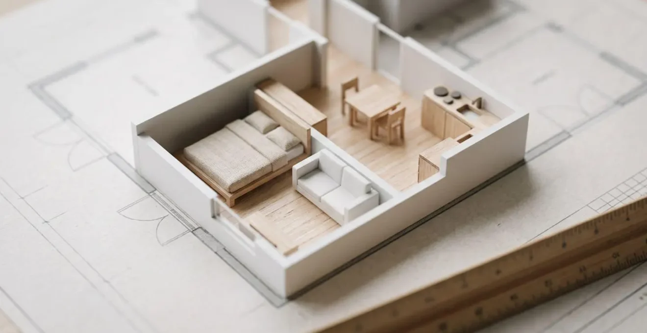 Overhead view of architectural scale model showing compact flat layout with miniature furniture pieces demonstrating spatial efficiency