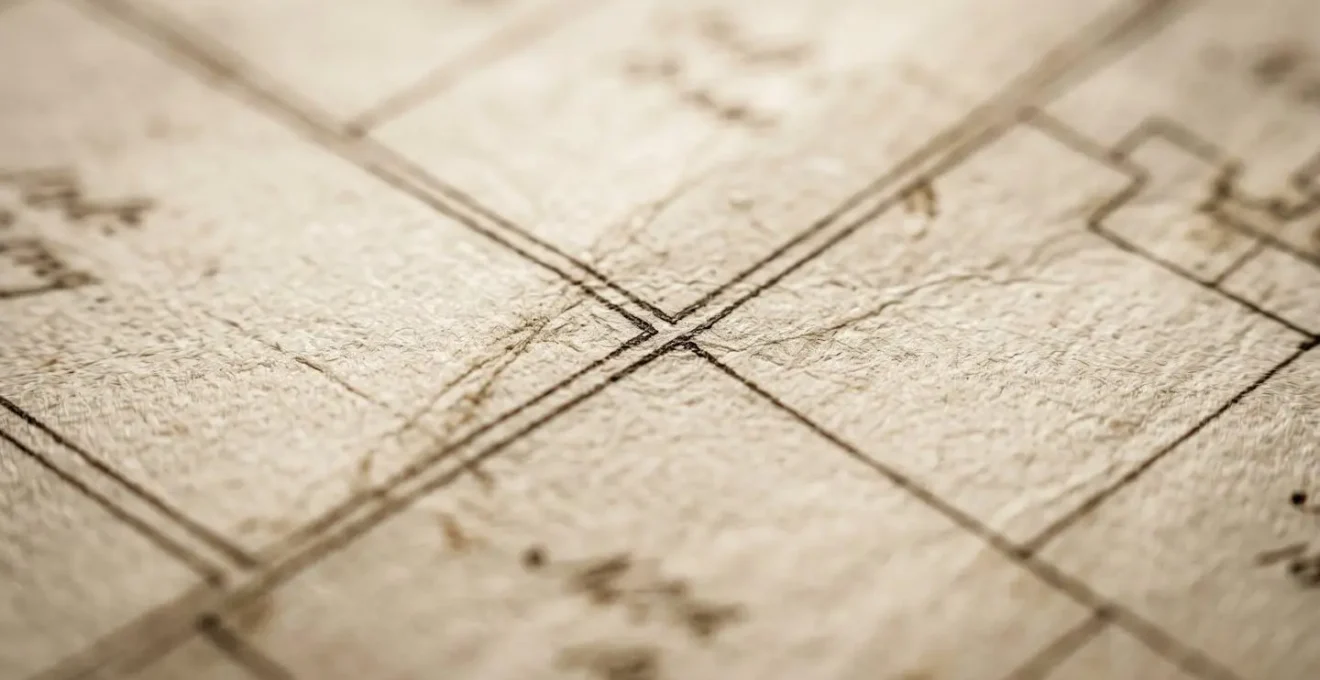 Close-up macro detail of an antique English tithe map showing aged paper texture with hand-drawn parish boundaries and field patterns, symbolizing the historical research required to trace chancel repair liability