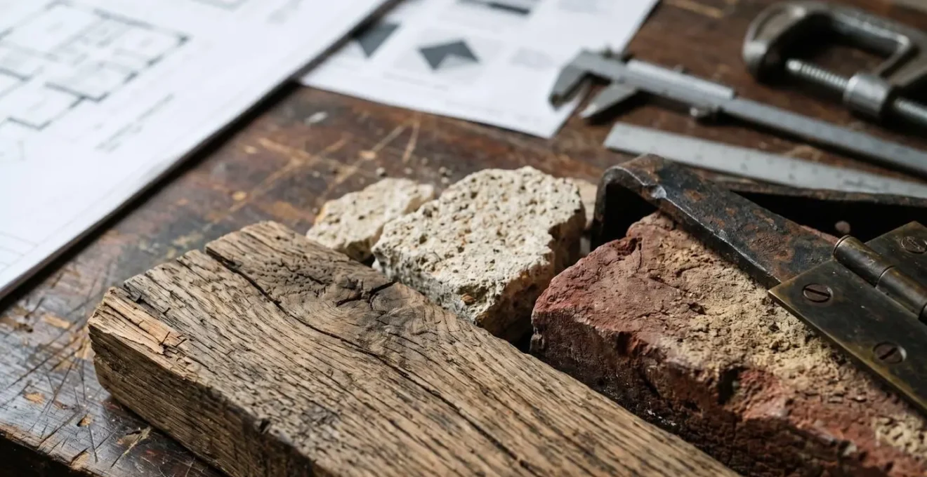Close-up of architectural heritage documentation materials showing building fabric samples and technical drawings