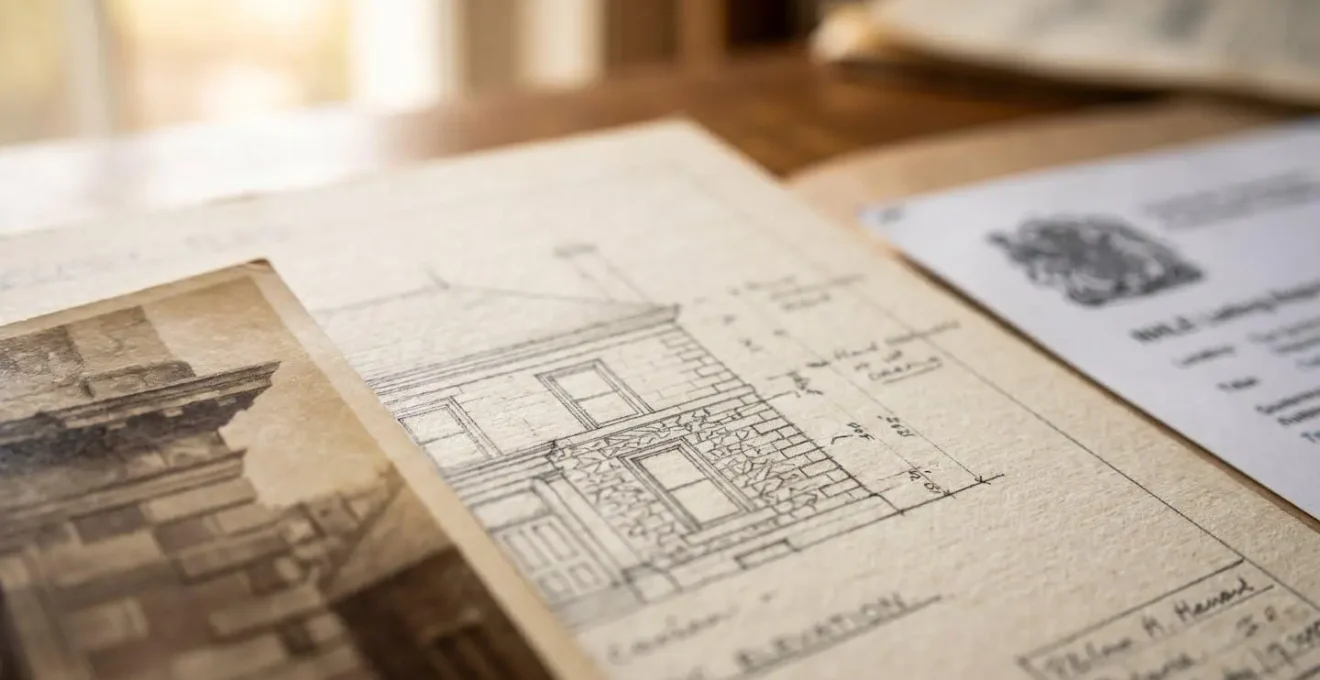 Detailed architectural documentation and heritage assessment materials spread on workspace