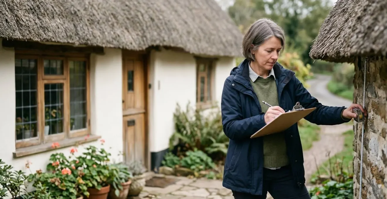 RICS chartered surveyor conducting professional reinstatement cost assessment at English thatched cottage, showing heritage building evaluation process