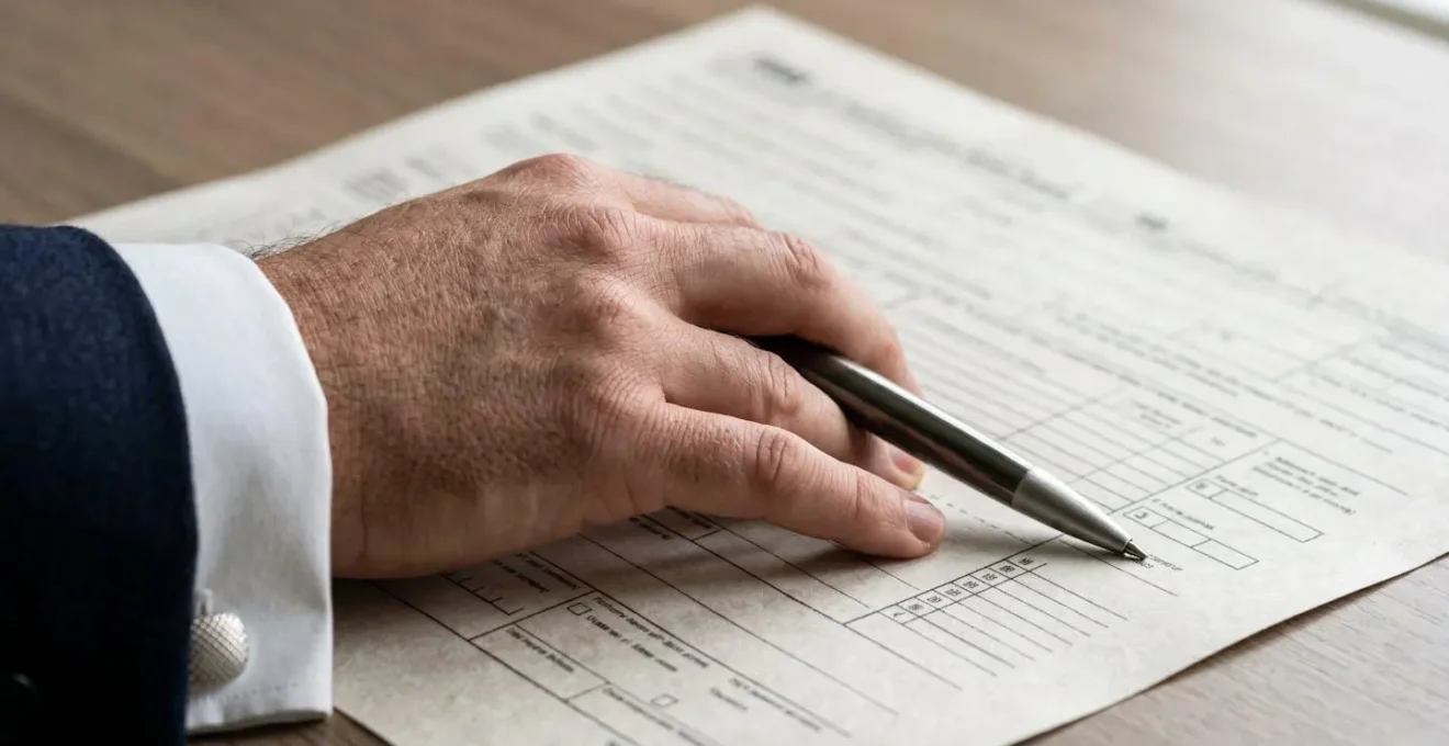Close-up of hands completing official tax form with focused attention to detail, representing SDLT amendment submission process