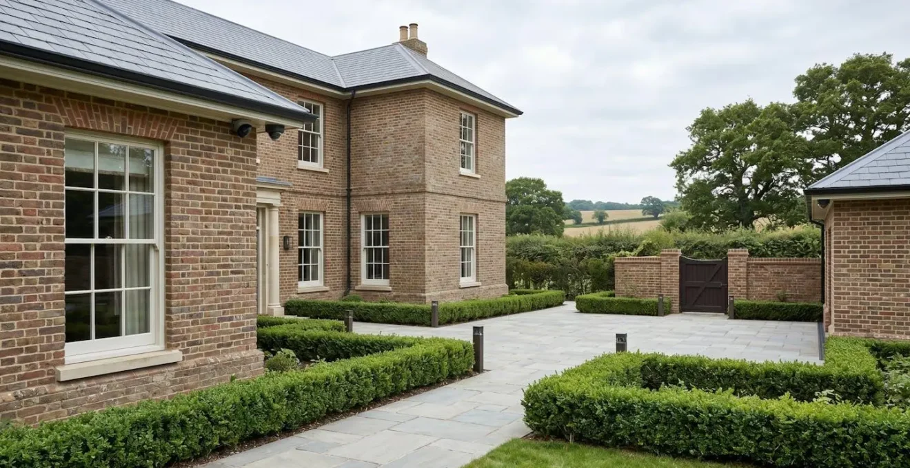 Minimalist environmental view of prime English property security integration showing sophisticated protection without intrusive technology