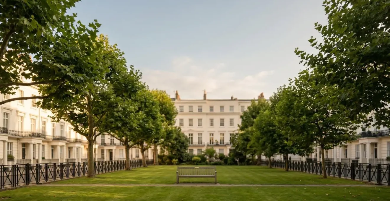 Serene Kensington garden square during quiet summer period with empty benches