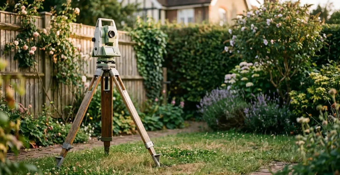 Professional surveying theodolite on tripod positioned in English residential garden showing precision measurement tools