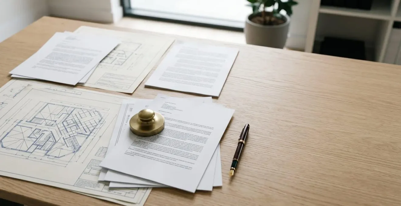 Organized stack of legal application documents and planning permission papers on solicitor desk with natural lighting