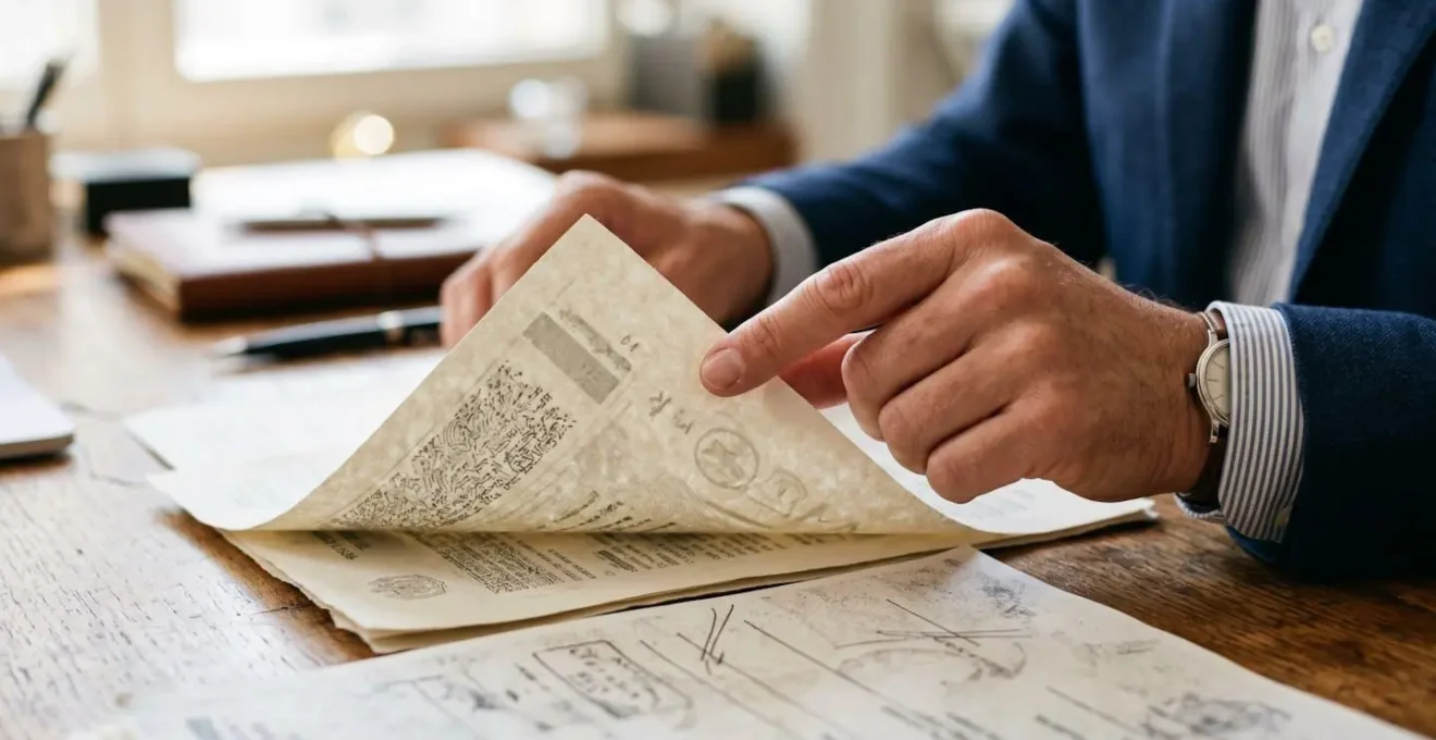 Close-up of professional reviewing property probate documentation at organized desk with natural lighting