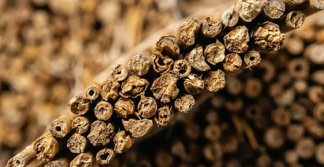 Extreme close-up macro photograph of water reed thatch stems showing hard silica-rich surface texture and durability