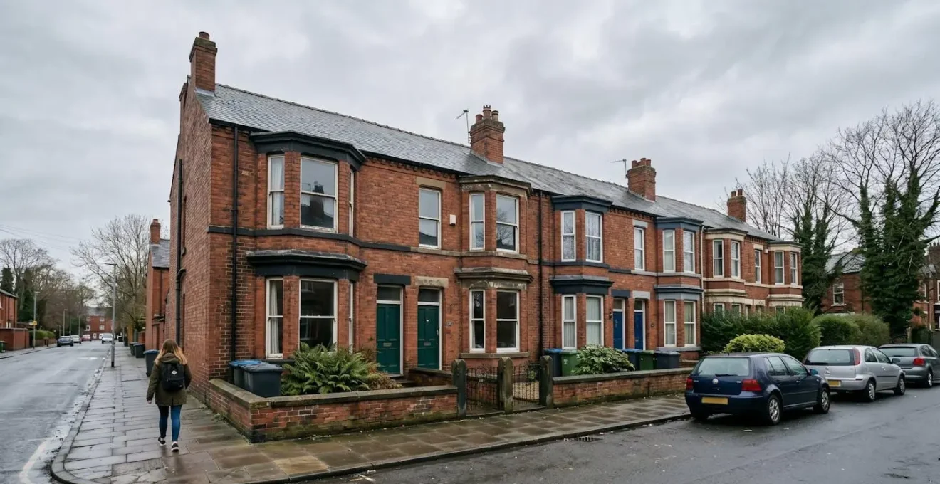 Wide environmental shot of a typical Manchester red brick terraced street in Fallowfield student area showing investment property context