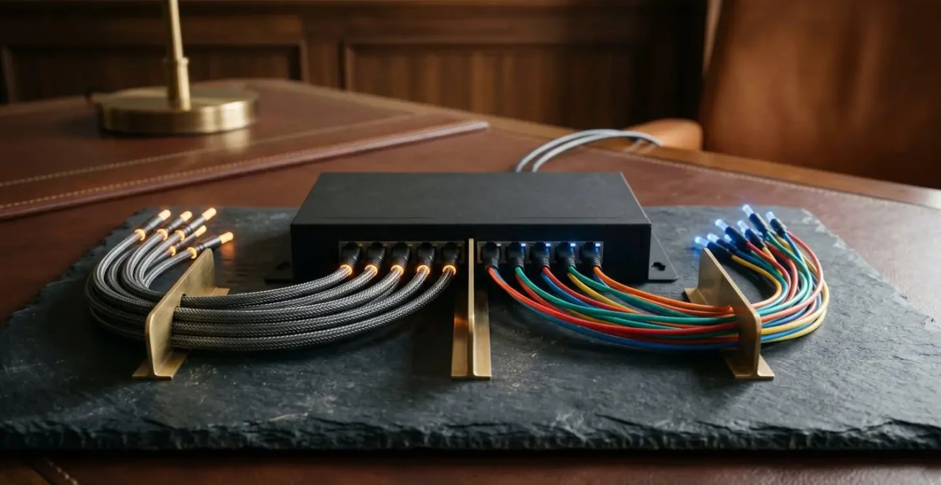 Abstract visualization of network isolation showing separated digital zones protecting high-value security systems from vulnerable IoT devices