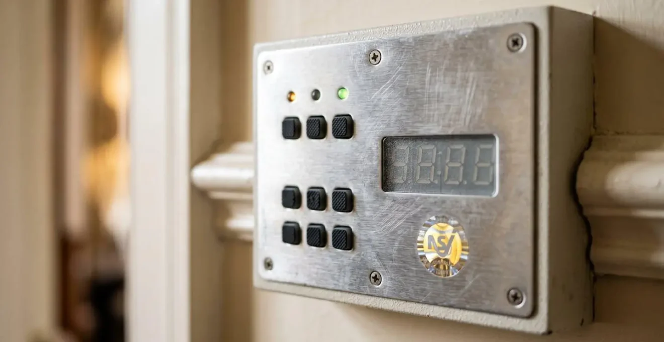 Close-up detail of a premium-grade alarm control panel with certification badge in an English luxury residence interior