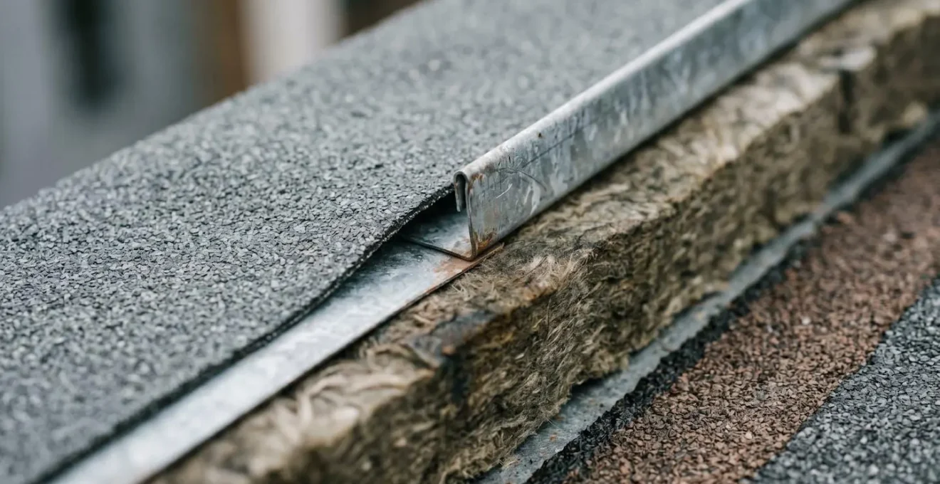 Macro close-up of modern penthouse roof construction materials showing structural detail and weatherproofing layers