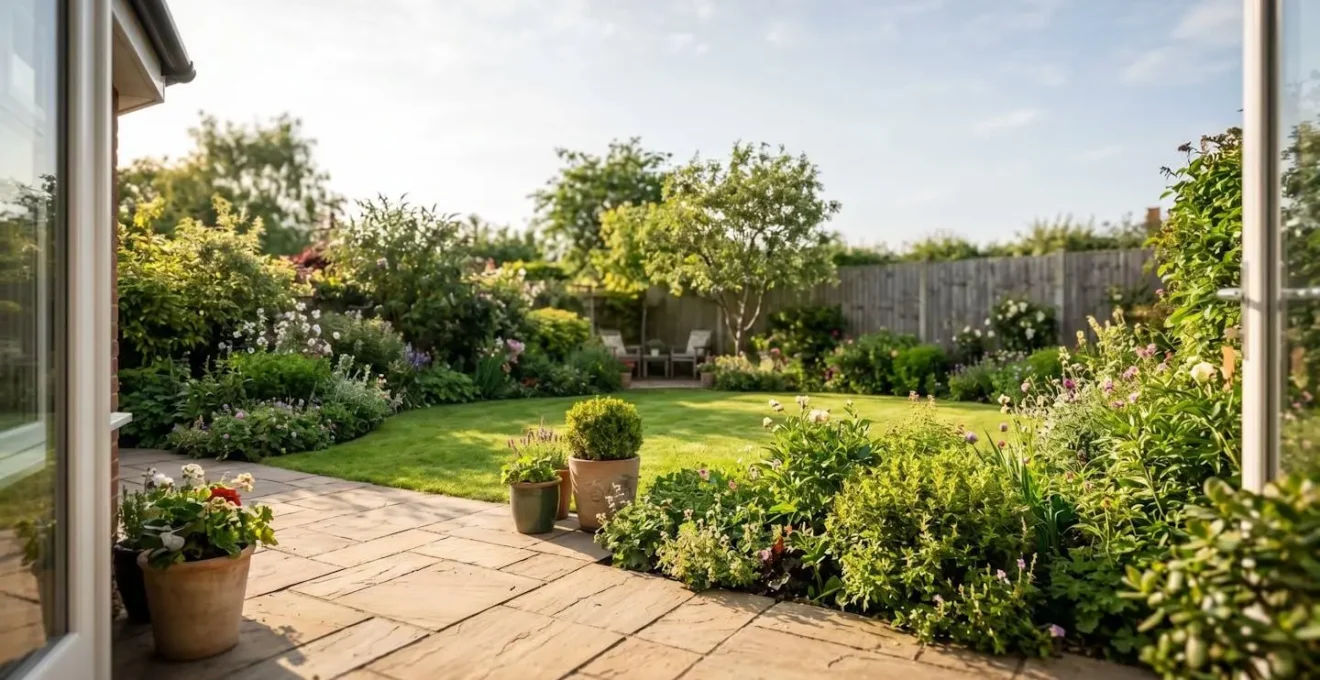 Private English garden with south-facing aspect showing well-maintained lawn and planting from low angle