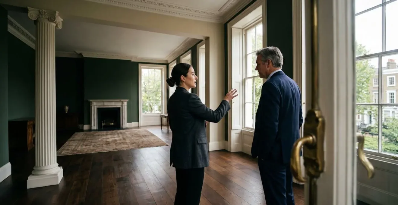 Critical property viewing assessment moment revealing buyer's professional advisory team and serious intent in English prime residential market
