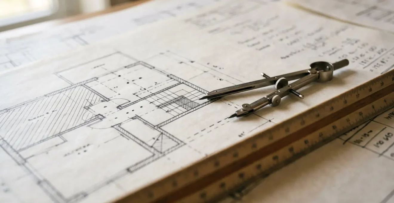 Detailed architectural blueprint with measuring tools and cost calculation documents for English property rebuild assessment