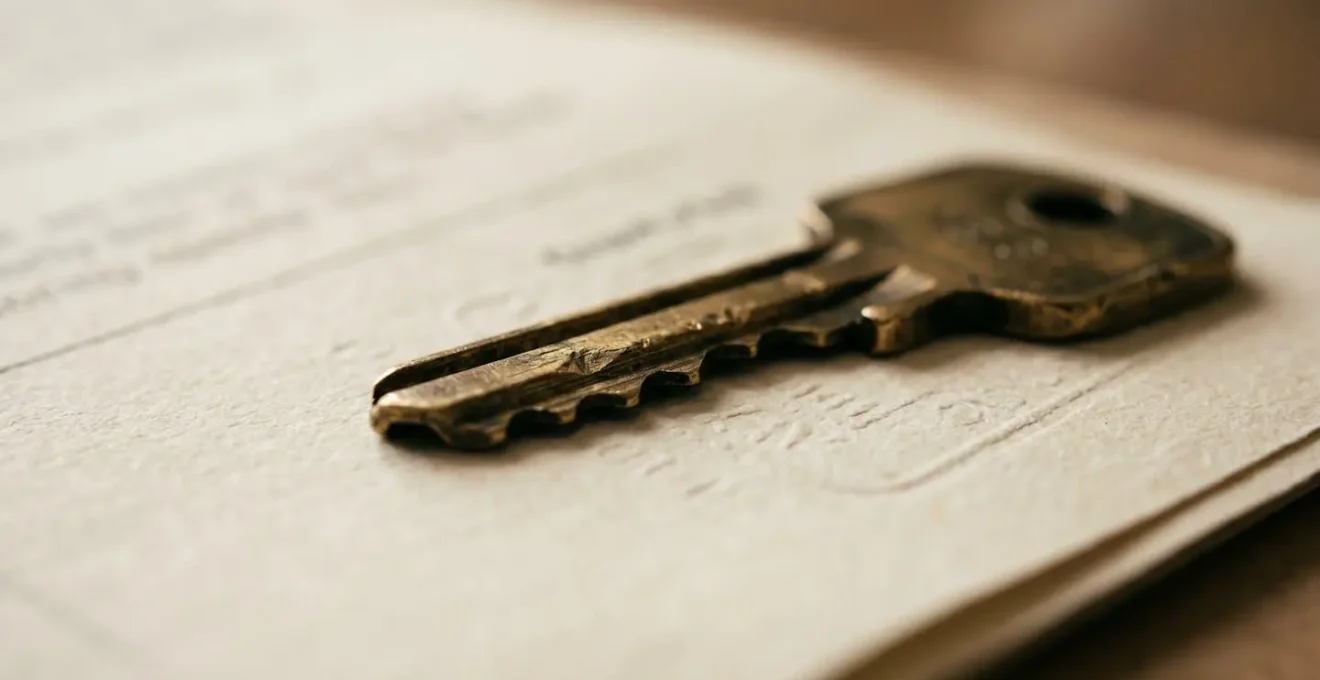 Macro close-up photograph of a traditional British property key resting on vintage surveyor documents showing property transaction details