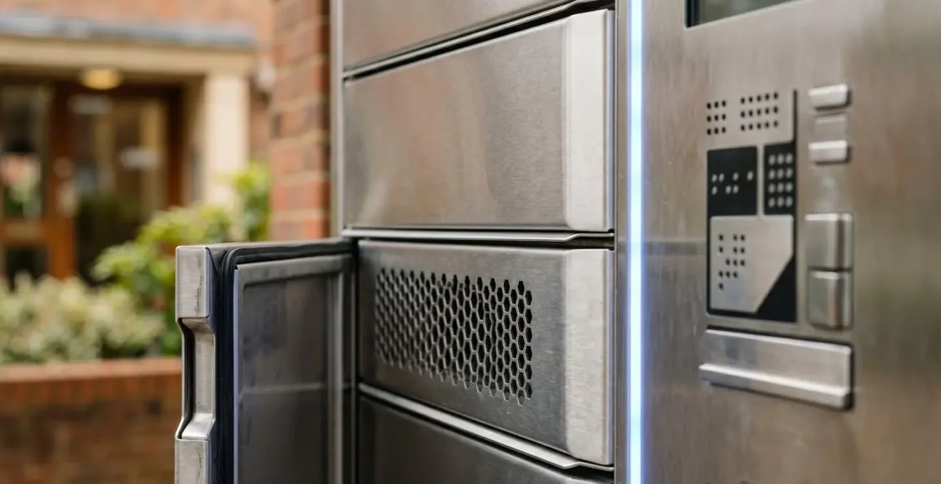 Modern secure parcel delivery locker system in upscale residential development