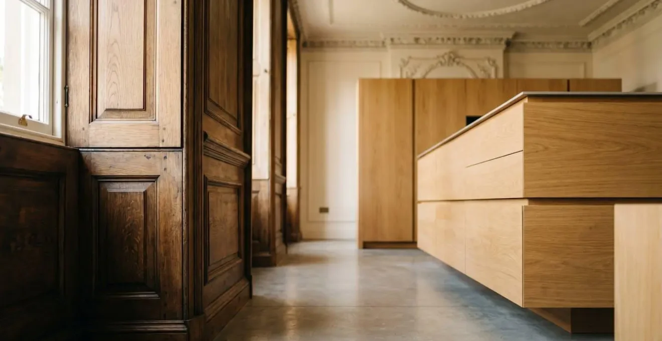 Freestanding contemporary kitchen pod installed within historic paneled room without touching original architectural features