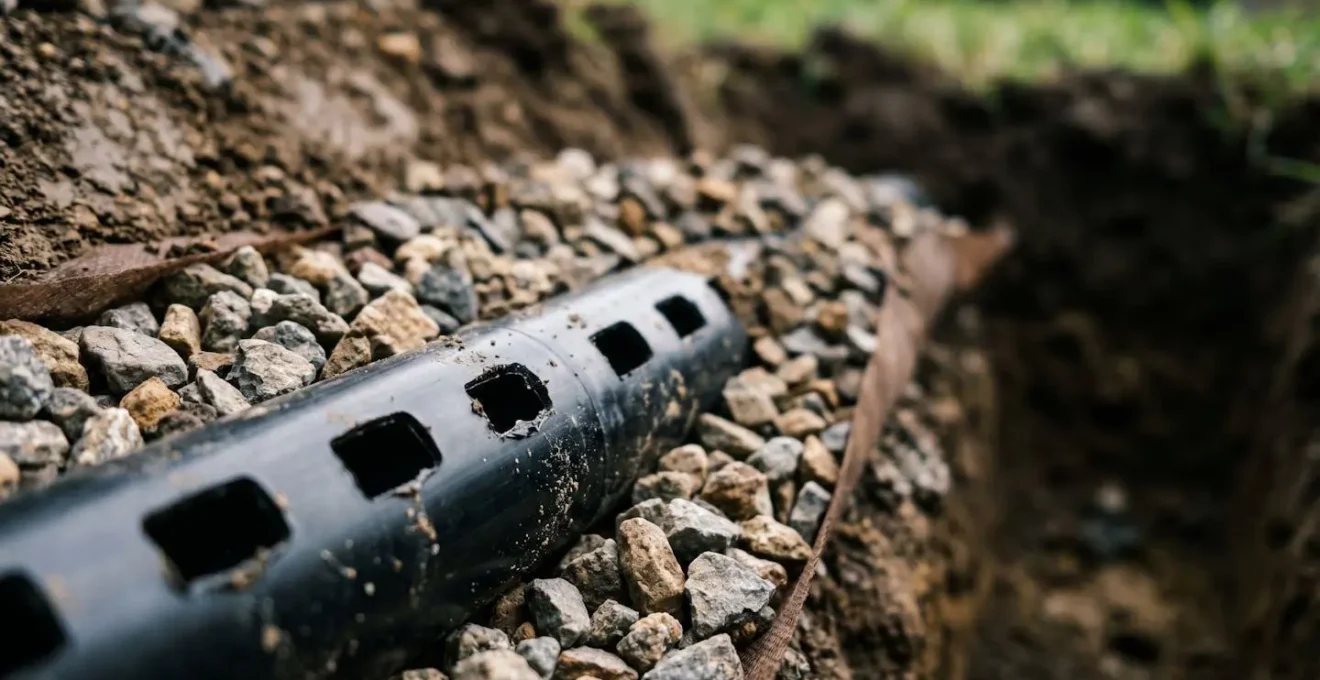 Detailed view of drainage field installation components for rural septic system compliance in England