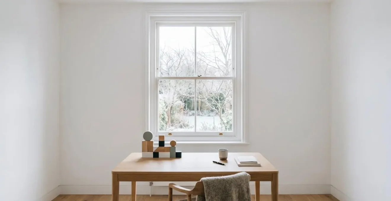 Minimalist wide shot of property planning workspace with natural light showing seasonal market strategy preparation