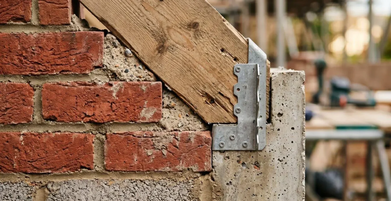 Close-up detail of a residential property rear extension under construction in England showing building materials and structural elements