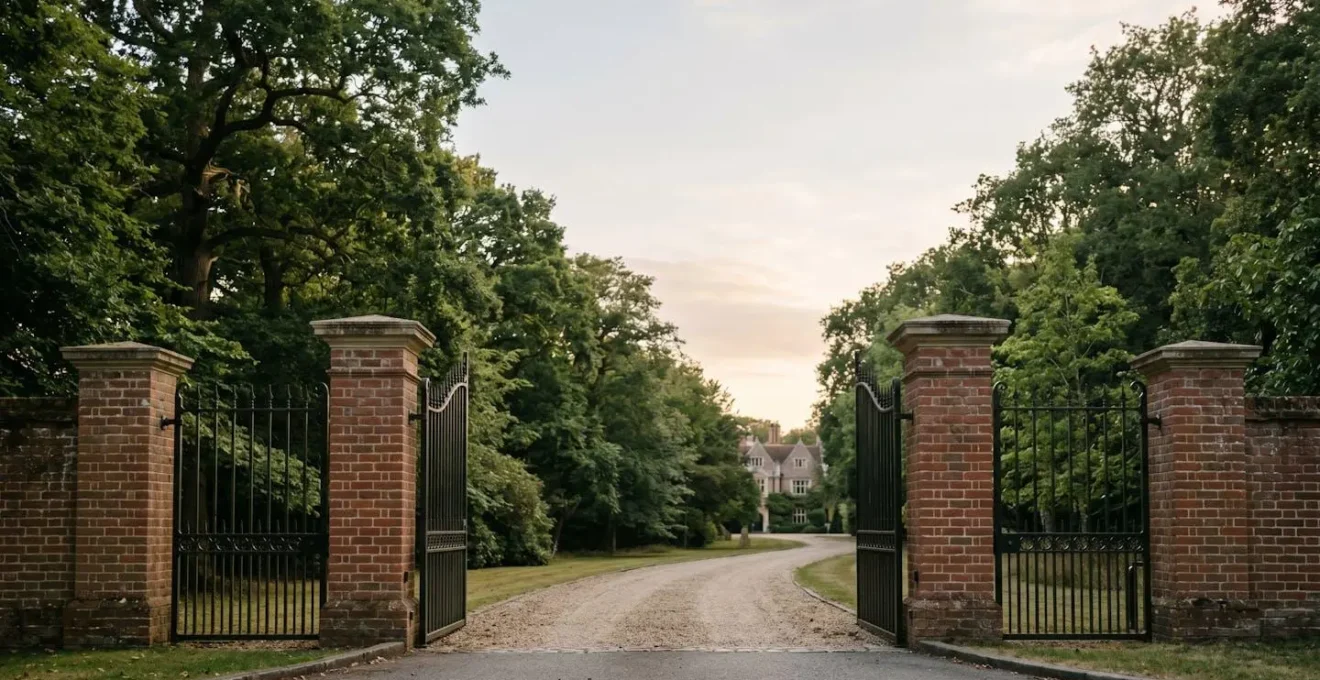 Wide view of secluded Surrey estate showcasing fortress privacy with gated entrance against backdrop of rolling countryside hills