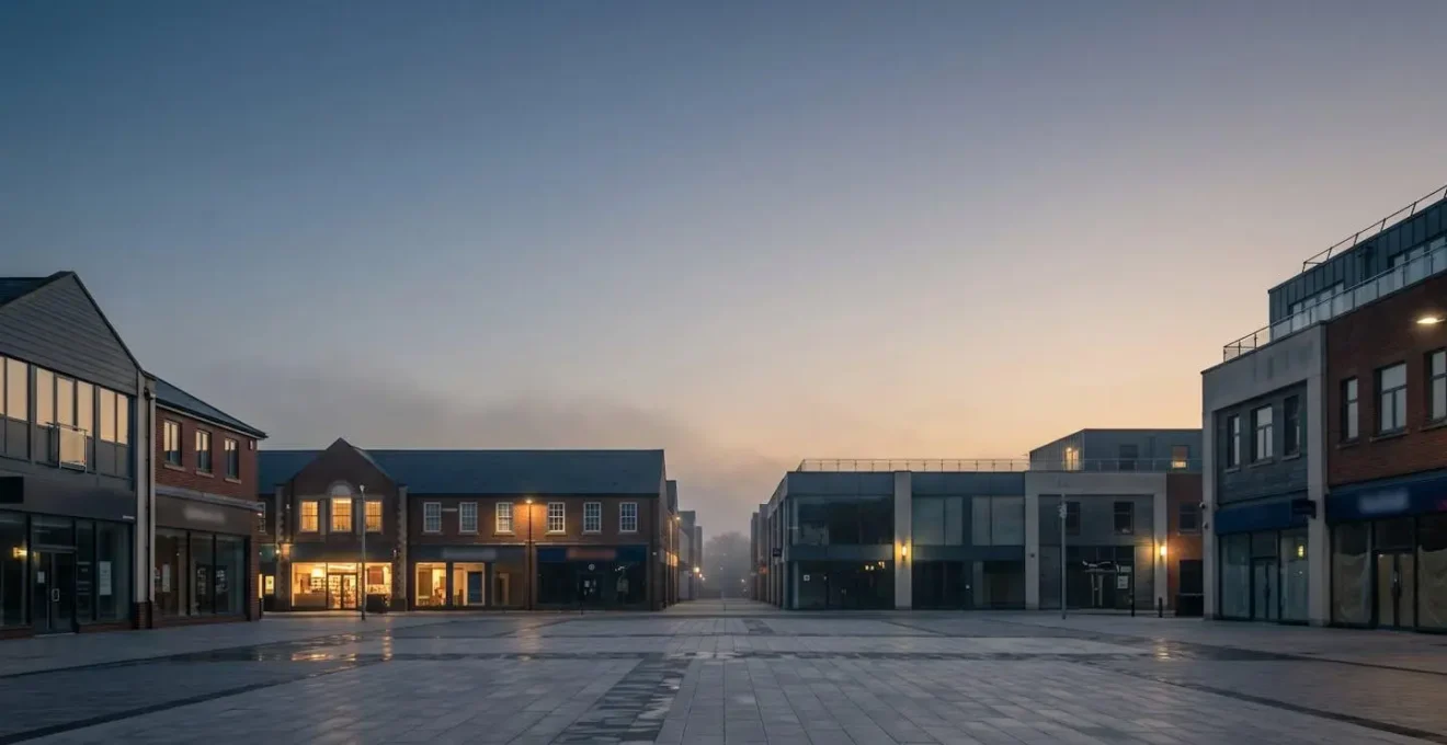 Wide environmental shot depicting commercial property market dynamics and leverage positioning in England