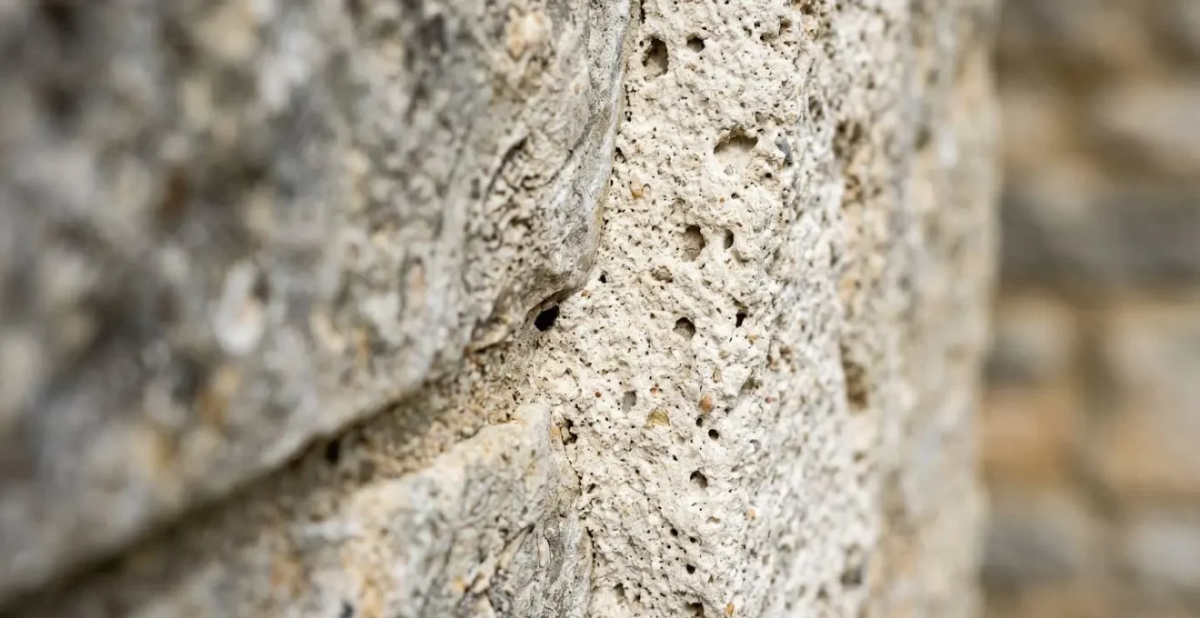 Close-up detail of traditional lime mortar and stone masonry showing breathable wall construction in English period home