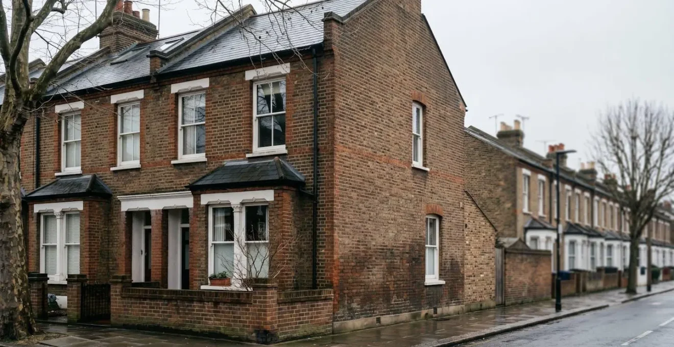 Wide environmental shot of Victorian terrace exterior during winter inspection showing period architecture and surveying context in atmospheric natural conditions