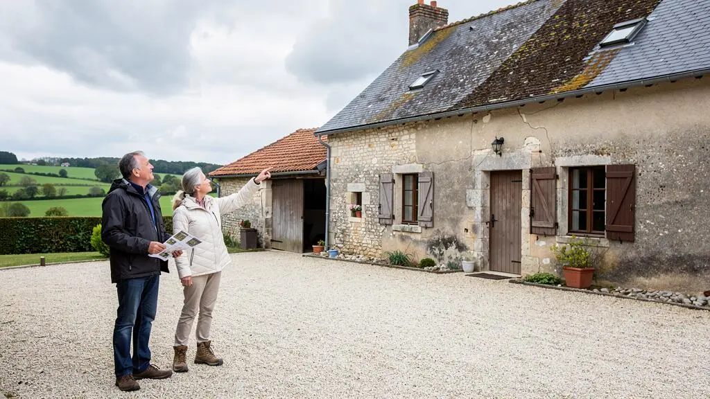 A British couple inspecting a traditional stone farmhouse for sale in the Limousin countryside.