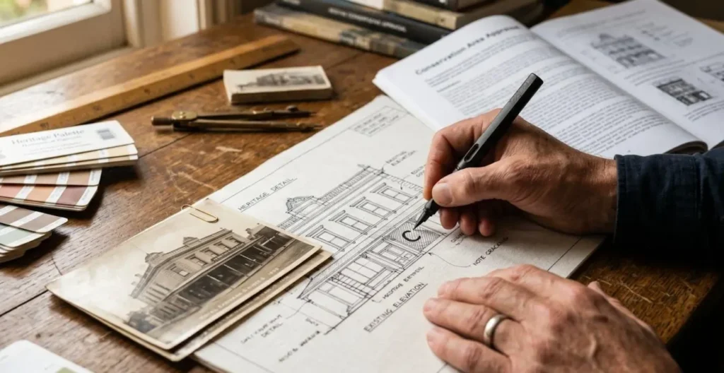 Heritage consultant's hands reviewing architectural drawings and historical documents on a wooden desk