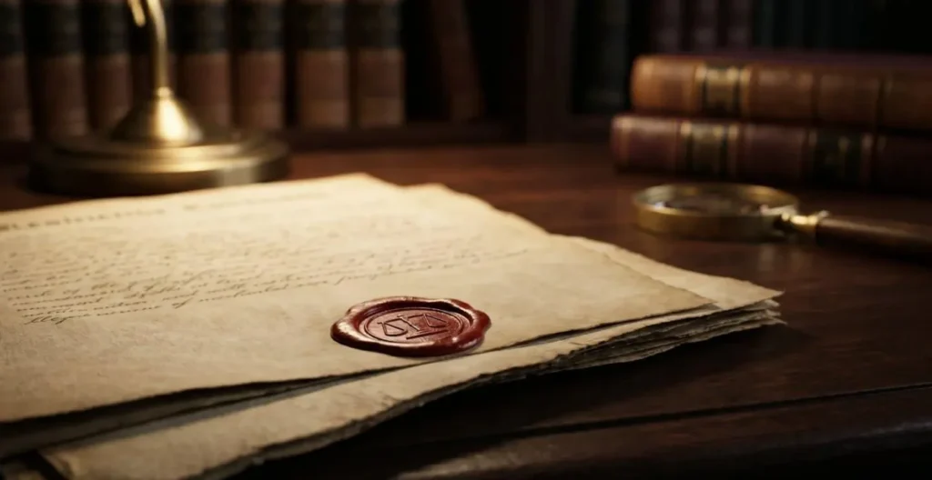 Aged legal documents with red wax seal showing property restrictive covenant details on solicitor's desk