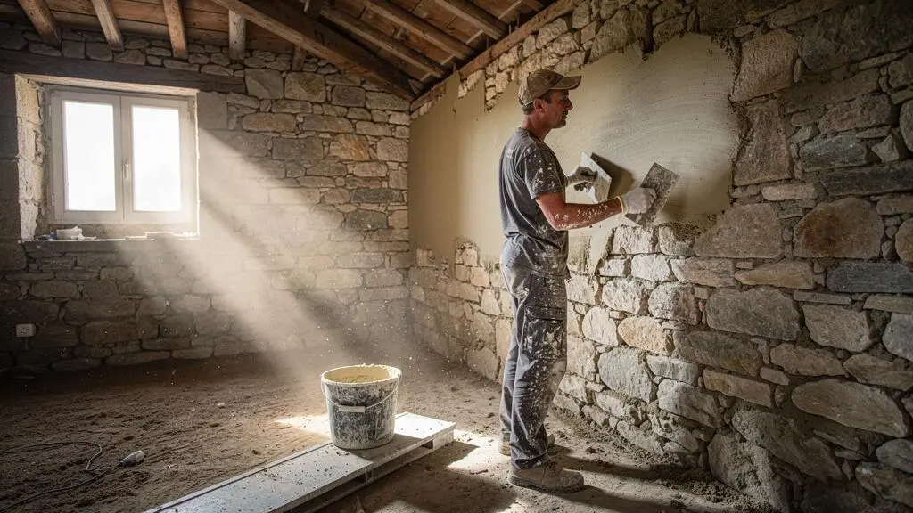 A mason applying lime render to an interior stone wall during the renovation of a rural house in the Limousin.