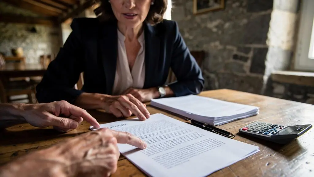 A French notaire explaining a property purchase document to a buyer at a wooden table in an old stone house.